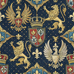 navy blue, gold, red, heraldic shields, crowns, lions, eagles, fleur-de-lis, royal crests, coat of arms, medieval motifs, regal pattern, ornate design,, fabric panel, majestic animals, heraldry symbols, aristocratic theme, geometric shields, decorative crowns