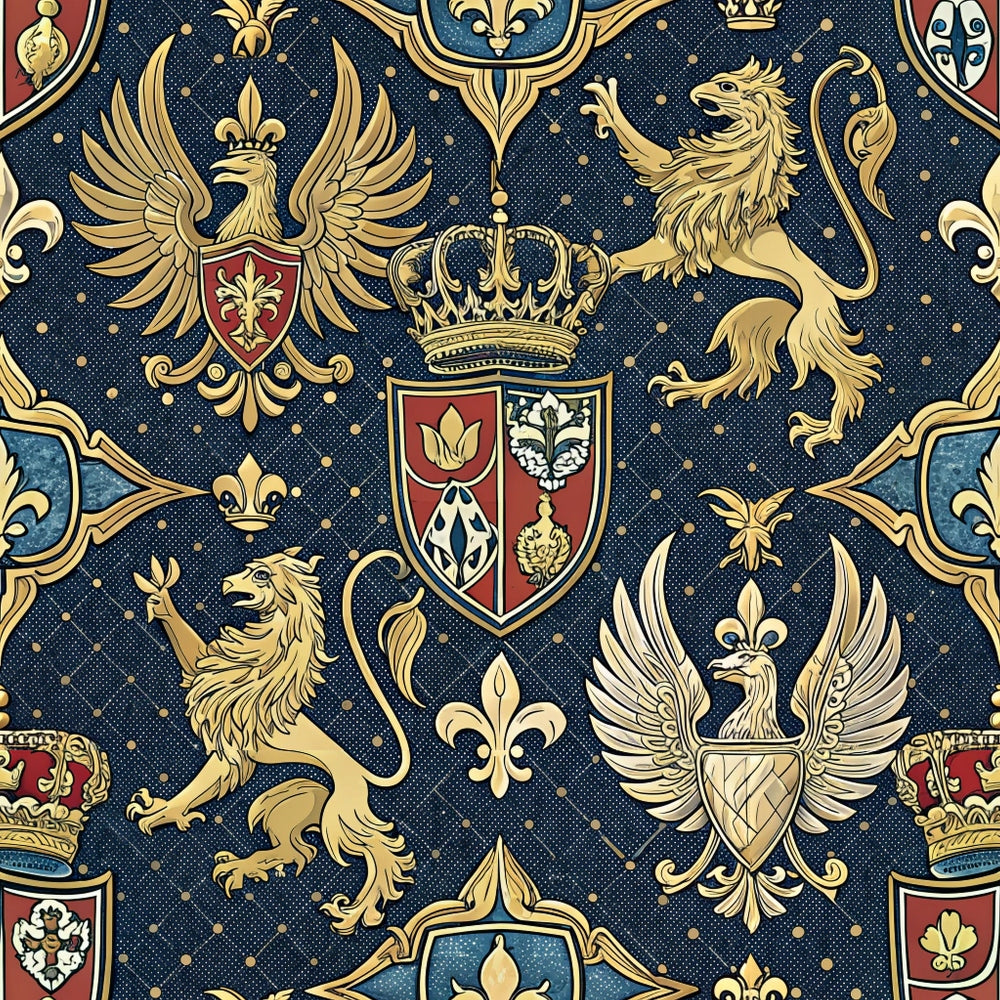 navy blue, gold, red, heraldic shields, crowns, lions, eagles, fleur-de-lis, royal crests, coat of arms, medieval motifs, regal pattern, ornate design,, fabric panel, majestic animals, heraldry symbols, aristocratic theme, geometric shields, decorative crowns