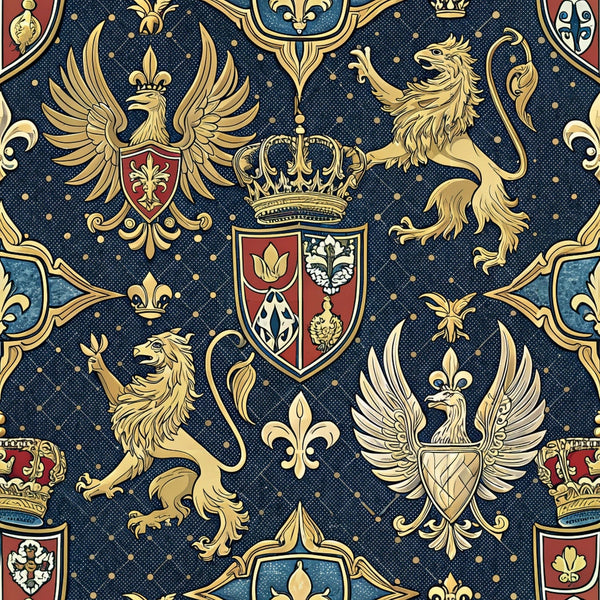 navy blue, gold, red, heraldic shields, crowns, lions, eagles, fleur-de-lis, royal crests, coat of arms, medieval motifs, regal pattern, ornate design,, fabric panel, majestic animals, heraldry symbols, aristocratic theme, geometric shields, decorative crowns