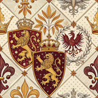 burgundy, gold, cream, beige, heraldic shields, lions, eagles, crowns, fleur-de-lis, royal emblems, medieval style, regal motifs, coat of arms, ornate scrollwork, diamond lattice,, fabric panel, renaissance inspired, noble crests, decorative flourishes