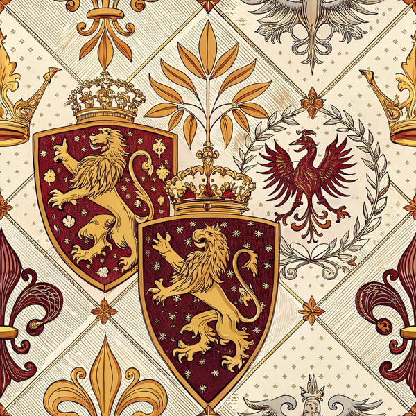 burgundy, gold, cream, beige, heraldic shields, lions, eagles, crowns, fleur-de-lis, royal emblems, medieval style, regal motifs, coat of arms, ornate scrollwork, diamond lattice,, fabric panel, renaissance inspired, noble crests, decorative flourishes
