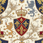 royal blue, gold, burgundy, cream, heraldic shields, lions, crowns, fleur-de-lis, coat of arms, regal lions, ornate scrollwork, medieval heraldry, royal insignia,, fabric panel, decorative motifs, baroque flourishes, noble emblems, imperial symbols, majestic pattern