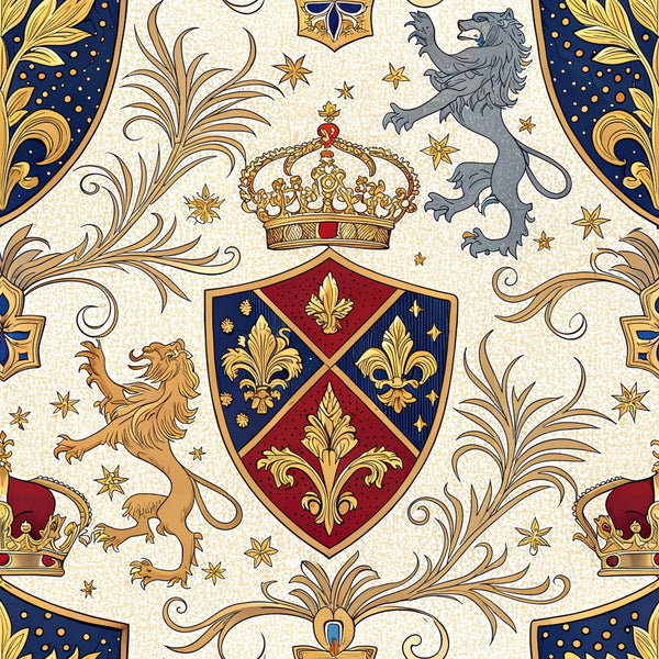 royal blue, gold, burgundy, cream, heraldic shields, lions, crowns, fleur-de-lis, coat of arms, regal lions, ornate scrollwork, medieval heraldry, royal insignia,, fabric panel, decorative motifs, baroque flourishes, noble emblems, imperial symbols, majestic pattern