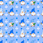 Pattern of gnomes with blue hats, some holding lanterns, others a staff or Christmas tree, surrounded by stars and flowers on a light blue background.