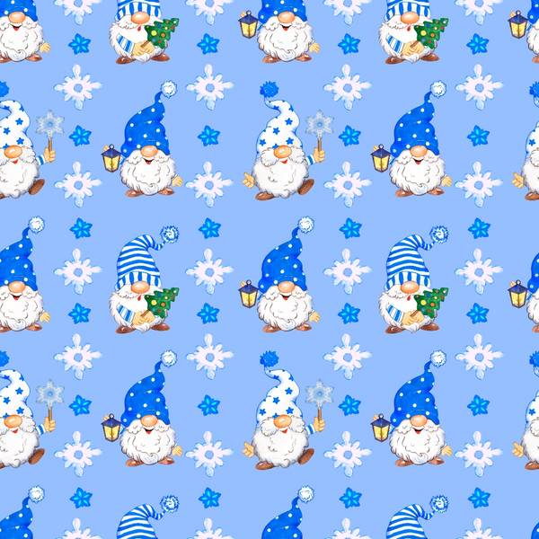 Pattern of gnomes with blue hats, some holding lanterns, others a staff or Christmas tree, surrounded by stars and flowers on a light blue background.