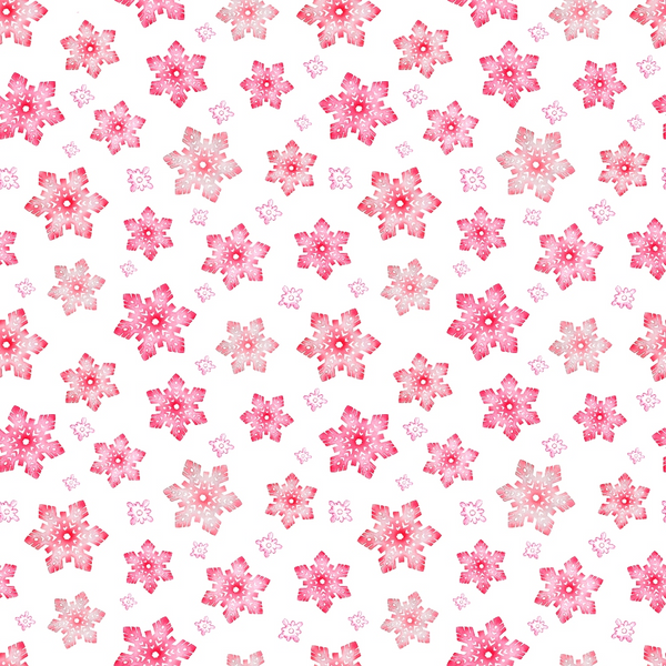 Pattern of pink and white geometric snowflakes on a white background.
