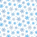 Pattern of various blue and white snowflakes on a white background.