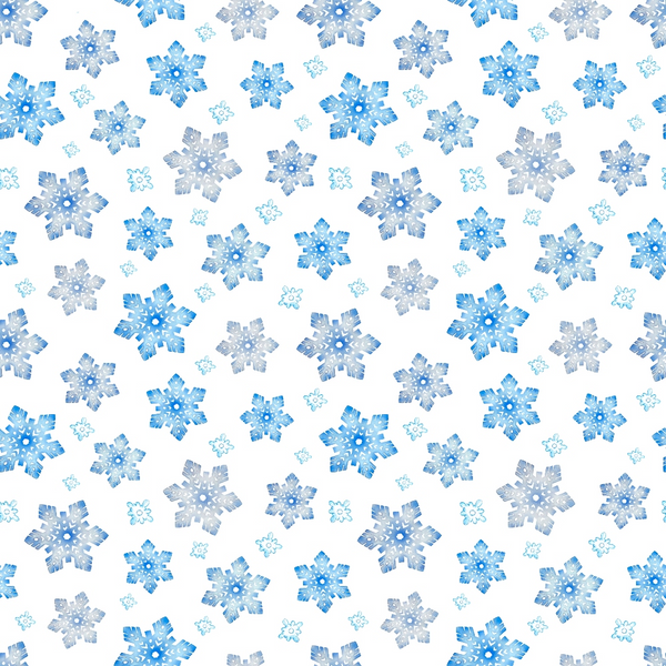 Pattern of various blue and white snowflakes on a white background.