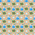Seamless pattern with blue gift boxes, holly leaves, and snowflakes on a tan background.