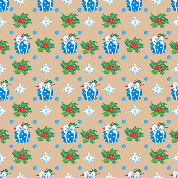 Seamless pattern with blue gift boxes, holly leaves, and snowflakes on a tan background.
