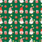 Festive pattern with gnomes in striped hats, red gifts, and star-shaped cookies on a green background.