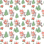 Pattern with reindeer wearing red scarves, evergreen trees, and red poinsettias on a white background.