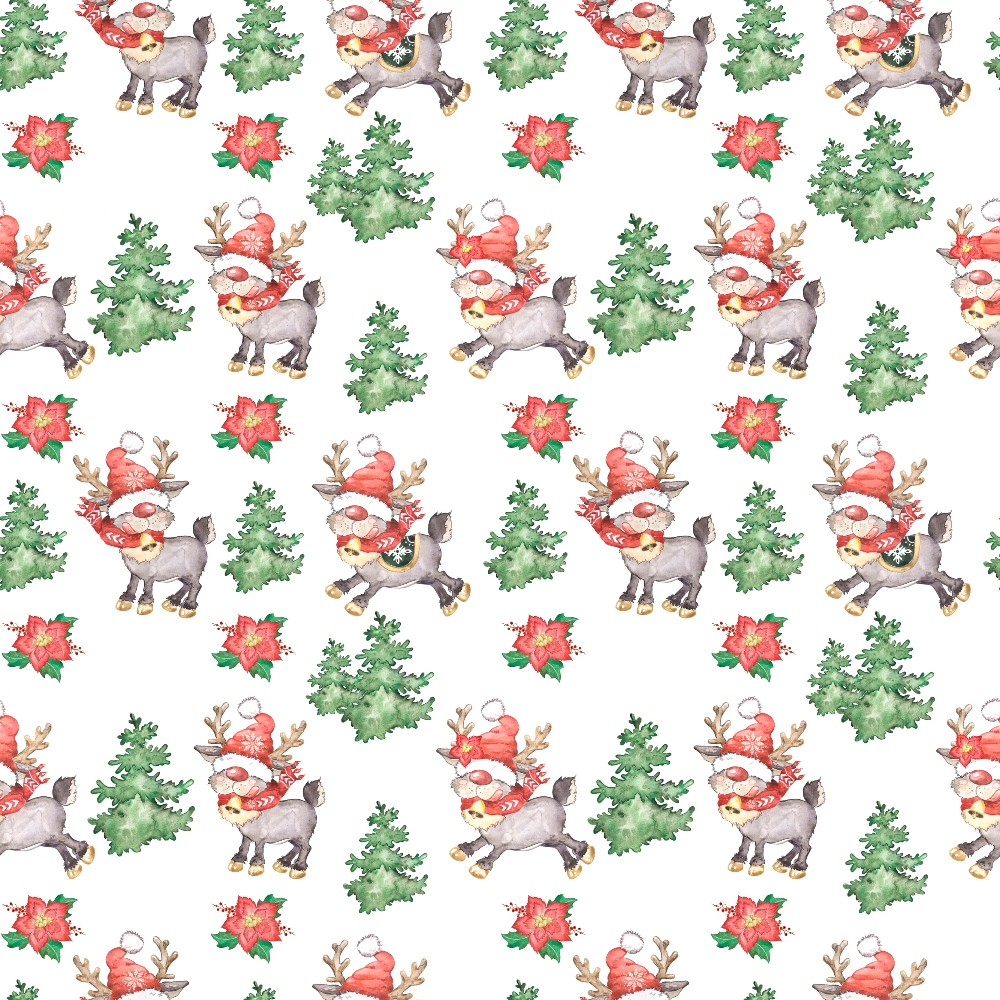 Pattern with reindeer wearing red scarves, evergreen trees, and red poinsettias on a white background.