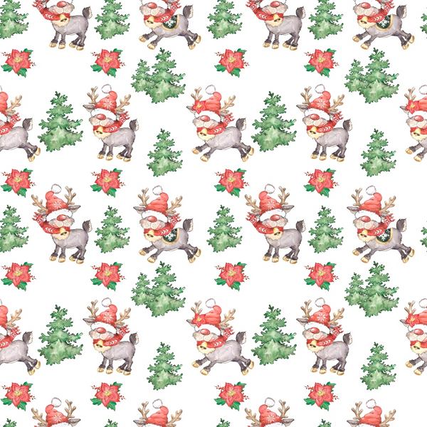 Pattern with reindeer wearing red scarves, evergreen trees, and red poinsettias on a white background.