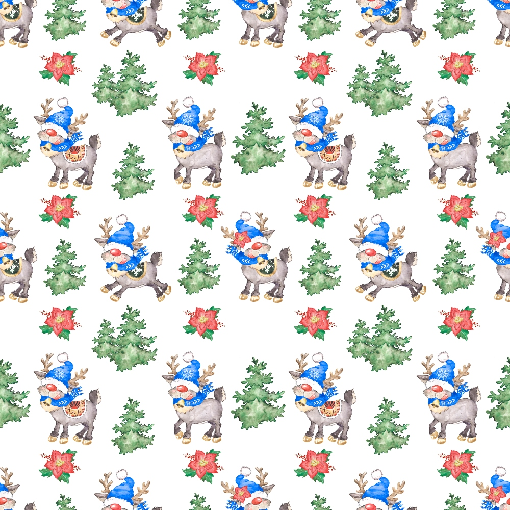 Pattern of cartoon reindeer wearing blue winter accessories, pine trees, and red poinsettias on a white background.