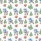 Pattern of cartoon reindeer wearing blue winter accessories, pine trees, and red poinsettias on a white background.