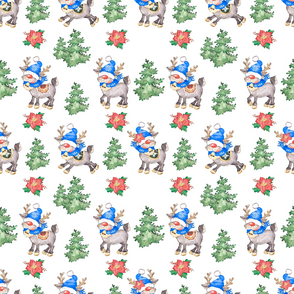 Pattern of cartoon reindeer wearing blue winter accessories, pine trees, and red poinsettias on a white background.
