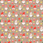Seamless festive pattern with gnomes, striped hats, stars, gifts, and flowers on a brown background.