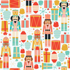 coral, teal, mustard yellow, red, cream, nutcracker soldiers, christmas ornaments, gift boxes, drums, retro style, mid-century modern, repeating pattern, holiday motifs,, fabric panel, winter theme, toy soldiers, geometric shapes, festive design, vintage aesthetic