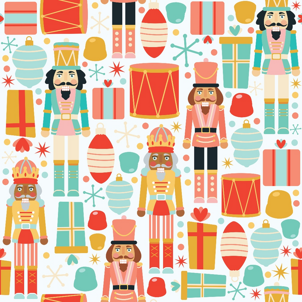 coral, teal, mustard yellow, red, cream, nutcracker soldiers, christmas ornaments, gift boxes, drums, retro style, mid-century modern, repeating pattern, holiday motifs,, fabric panel, winter theme, toy soldiers, geometric shapes, festive design, vintage aesthetic