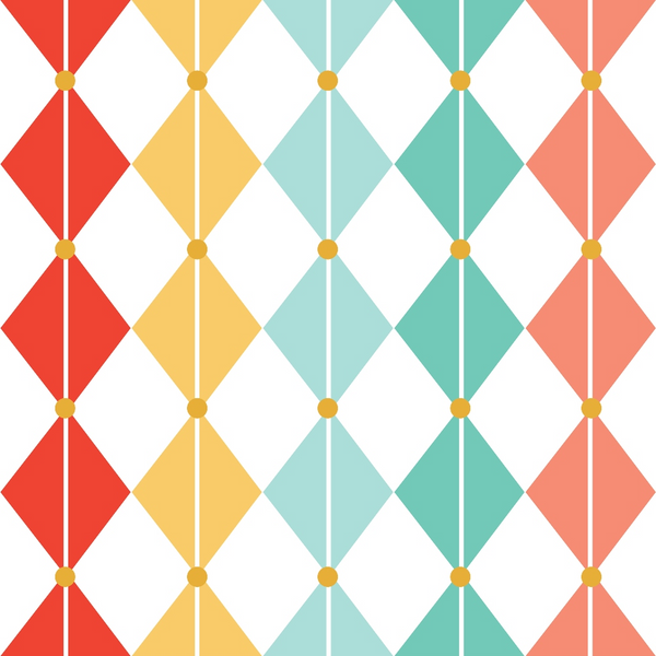red, coral, yellow, mint green, teal, white, diamond pattern, geometric design, retro style, mid-century modern, repeating motifs,, fabric panel, christmas themed, holiday fabric, vintage inspired, colorful diamonds, interconnected shapes, festive colors, winter palette