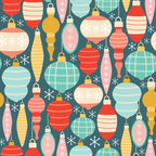 retro christmas ornaments, vintage baubles, snowflakes, coral red, mint green, mustard yellow, cream white, teal background, striped patterns, plaid designs, holiday decorations, festive motifs, mid-century modern,, christmas fabric panel, geometric shapes, winter theme, decorative balls, hanging ornaments
