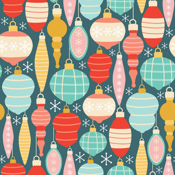 retro christmas ornaments, vintage baubles, snowflakes, coral red, mint green, mustard yellow, cream white, teal background, striped patterns, plaid designs, holiday decorations, festive motifs, mid-century modern,, christmas fabric panel, geometric shapes, winter theme, decorative balls, hanging ornaments