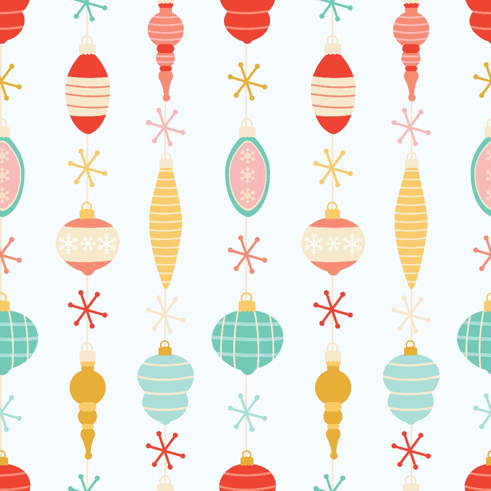 retro christmas ornaments, vintage baubles, coral red, mint green, mustard yellow, pink accents, striped ornaments, geometric patterns, mid-century modern, festive decorations, christmas bulbs, snowflake motifs, holiday theme,, fabric panel, retro style, christmas crafting, ornament designs, winter holidays, atomic age