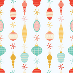 retro christmas ornaments, vintage baubles, coral red, mint green, mustard yellow, pink accents, striped ornaments, geometric patterns, mid-century modern, festive decorations, christmas bulbs, snowflake motifs, holiday theme,, fabric panel, retro style, christmas crafting, ornament designs, winter holidays, atomic age