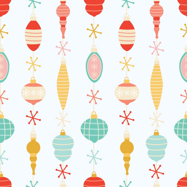 retro christmas ornaments, vintage baubles, coral red, mint green, mustard yellow, pink accents, striped ornaments, geometric patterns, mid-century modern, festive decorations, christmas bulbs, snowflake motifs, holiday theme,, fabric panel, retro style, christmas crafting, ornament designs, winter holidays, atomic age