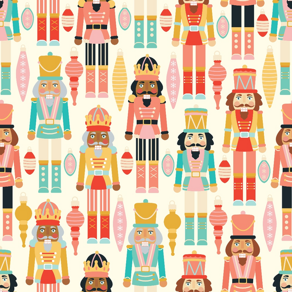nutcracker, retro, christmas, coral, teal, mustard yellow, cream background, ornaments, crowns, soldiers, geometric patterns, holiday motifs,, fabric panel, vintage style, festive, colorful, whimsical, seasonal, repeating pattern