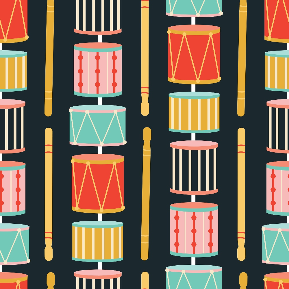 drums, drumsticks, musical instruments, red, teal, yellow, pink, coral, navy blue, geometric patterns, stripes, zigzag lines, retro style, vintage design, christmas theme, holiday fabric,, fabric panel, mid-century modern, festive colors, musical motif