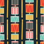 drums, drumsticks, musical instruments, red, teal, yellow, pink, coral, navy blue, geometric patterns, stripes, zigzag lines, retro style, vintage design, christmas theme, holiday fabric,, fabric panel, mid-century modern, festive colors, musical motif