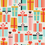 coral, teal, mustard yellow, pink, gift boxes, present pattern, heart motifs, bows, ribbons, geometric shapes, retro style, mid-century modern, christmas gifts, holiday theme,, fabric panel, repeating pattern, festive design, vintage aesthetic, rectangular presents