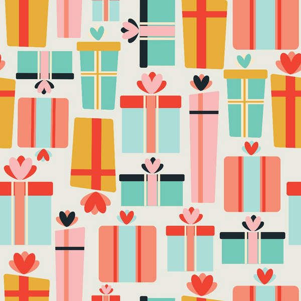 coral, teal, mustard yellow, pink, gift boxes, present pattern, heart motifs, bows, ribbons, geometric shapes, retro style, mid-century modern, christmas gifts, holiday theme,, fabric panel, repeating pattern, festive design, vintage aesthetic, rectangular presents