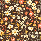 Colorful floral pattern with various flowers and leaves in shades of orange, yellow, and cream on a brown background.