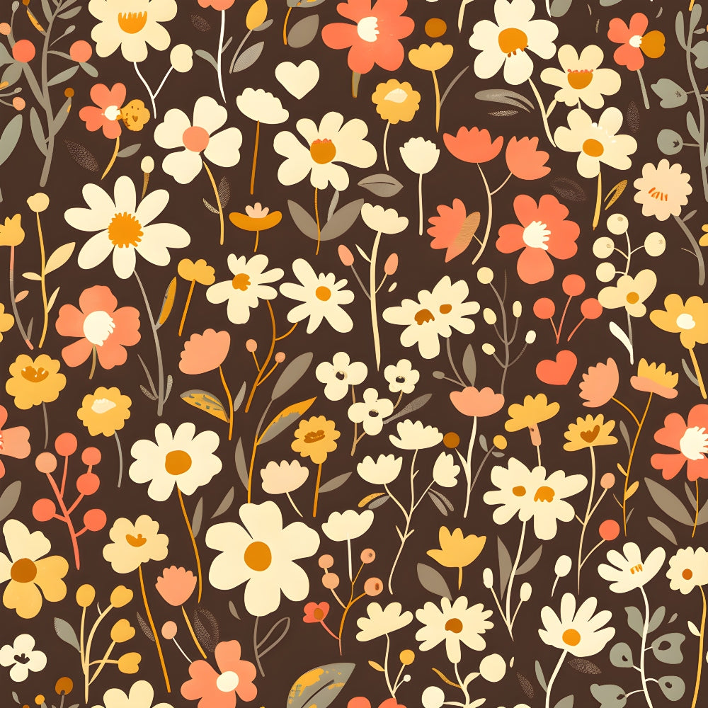 Colorful floral pattern with various flowers and leaves in shades of orange, yellow, and cream on a brown background.