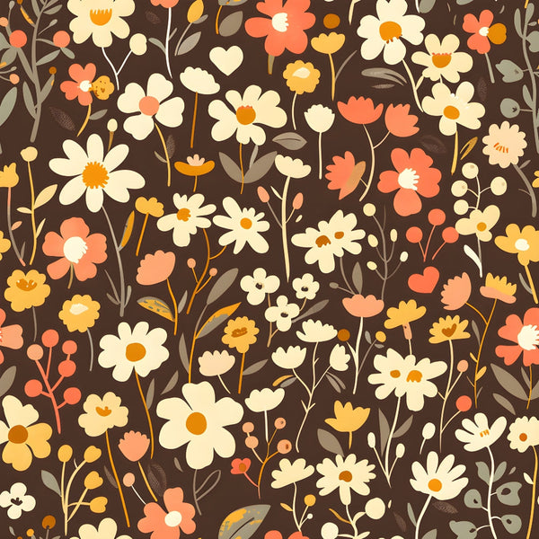 Colorful floral pattern with various flowers and leaves in shades of orange, yellow, and cream on a brown background.