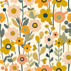 Colorful floral pattern with stylized flowers in shades of pink, yellow, and green on a light background.