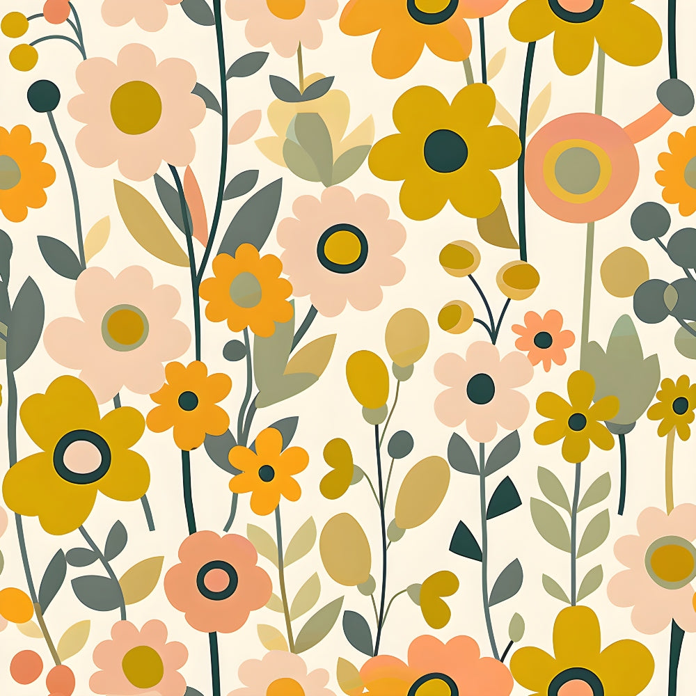 Colorful floral pattern with stylized flowers in shades of pink, yellow, and green on a light background.