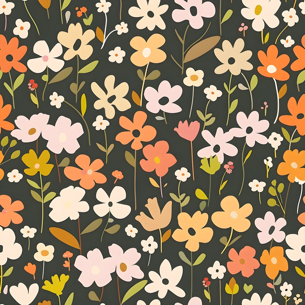 Colorful, stylized pattern of various flowers with leaves on a dark background.