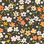Colorful, stylized pattern of various flowers with leaves on a dark background.