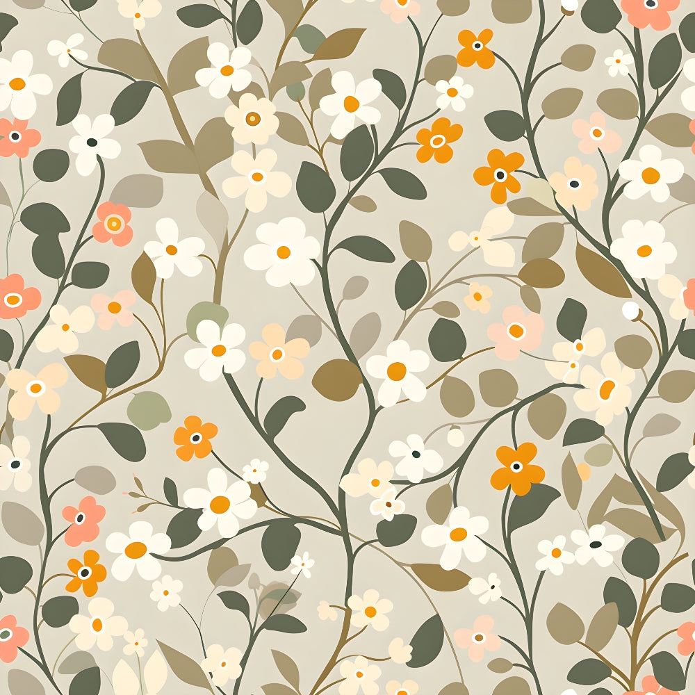 Floral pattern featuring white, orange, and pink flowers with green leaves on intertwining stems set against a light background.