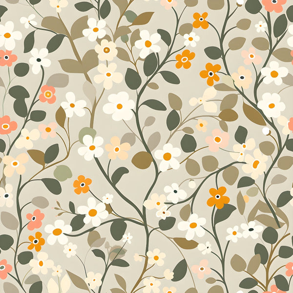 Floral pattern featuring white, orange, and pink flowers with green leaves on intertwining stems set against a light background.