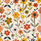 Colorful floral pattern with various flowers and leaves in shades of orange, yellow, red, green, and pink on a light background.