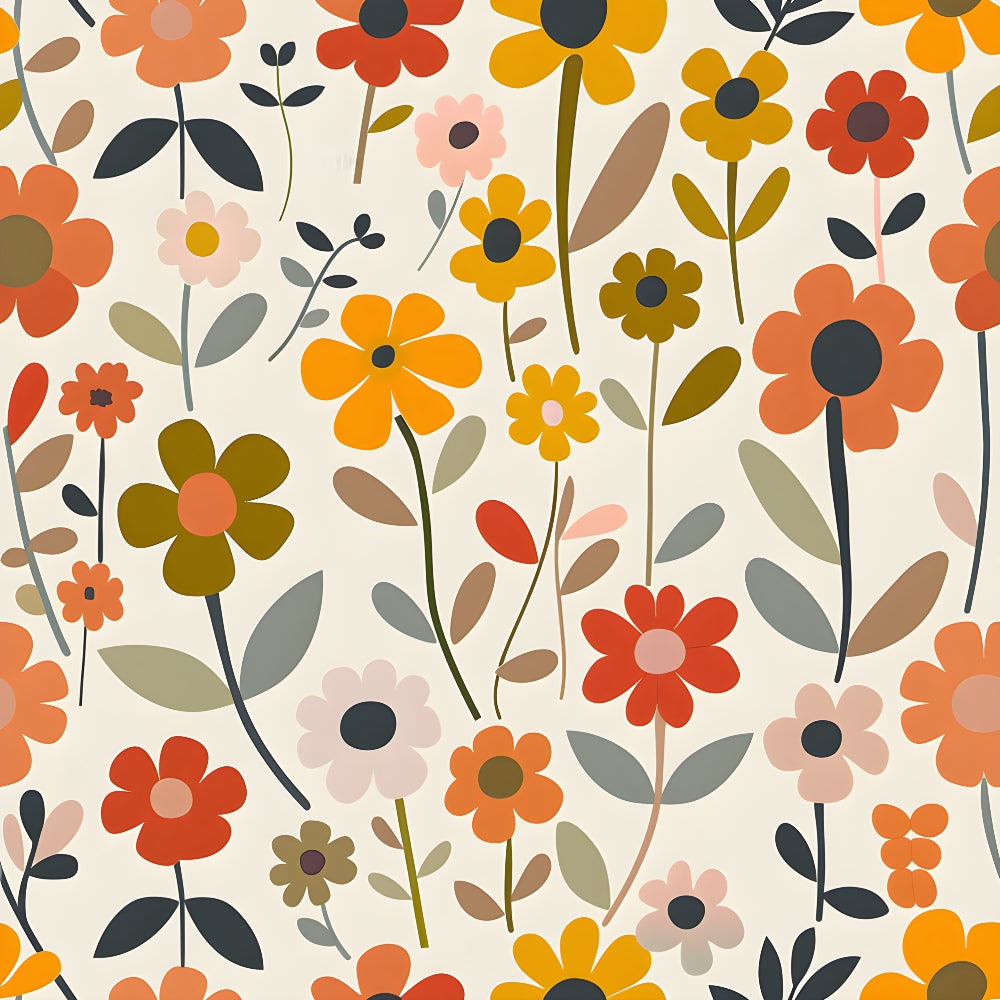 Colorful floral pattern with various flowers and leaves in shades of orange, yellow, red, green, and pink on a light background.