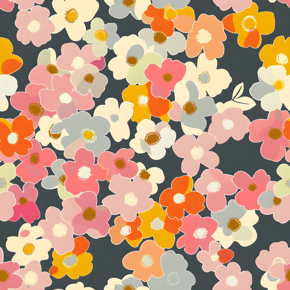 Colorful abstract flowers on a dark background, featuring overlapping petals in shades of pink, orange, yellow, and white.