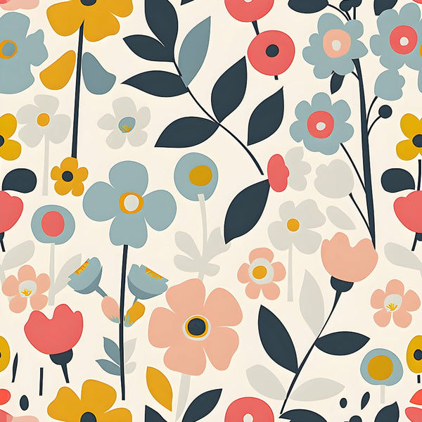 Colorful floral pattern with various stylized flowers and leaves in shades of blue, yellow, pink, and green on a light background.