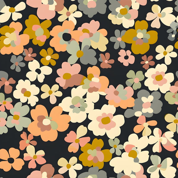 A pattern of various colorful flowers in shades of peach, pink, cream, and green on a dark background.