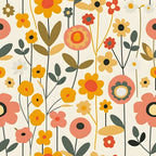 Colorful flower pattern with various blooms and leaves in shades of yellow, orange, and pink on a light background.